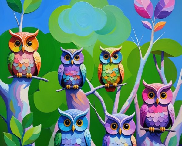 Colorful Artwork of Six Stylized Owls on Branches