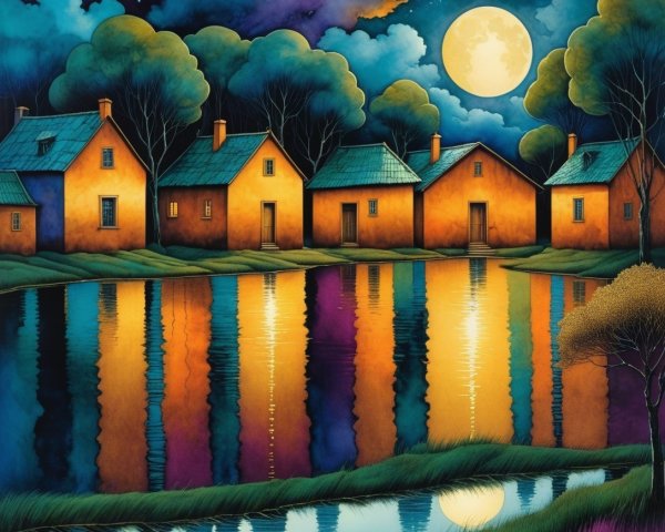 Vibrant Houses by Reflective Lake Under Night Sky