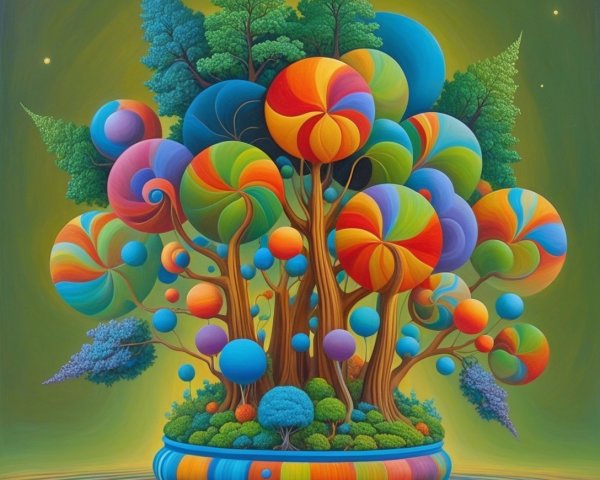 Surreal Landscape with Oversized Spheres and Colorful Trees