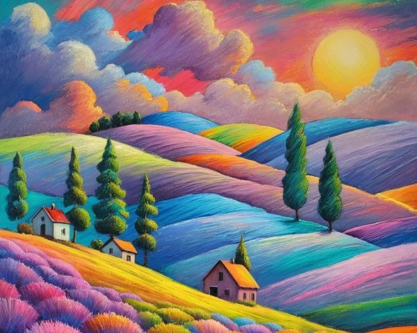 Vibrant Landscape with Rolling Hills and Colorful Sunset