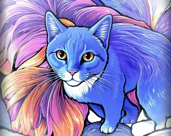 Vibrant Blue Cat Surrounded by Colorful Petals