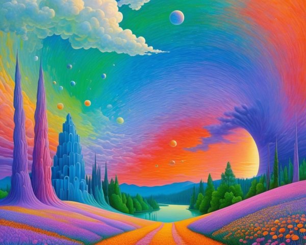 Vibrant Colorful Landscape with Serene Lake and Skies