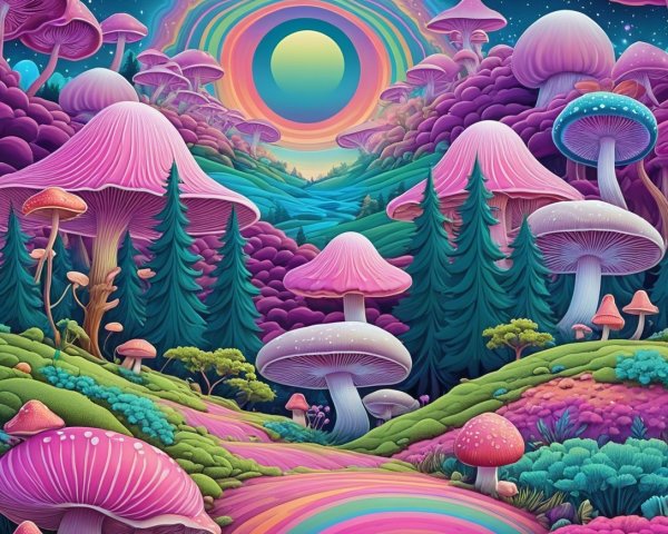 Surreal Landscape with Colorful Mushrooms and Celestial Orb