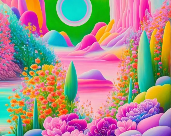 Vibrant Dreamlike Landscape with Colorful Flora and Mountains