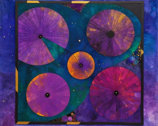 Vibrant Circular Forms in Purple and Gold on Blue
