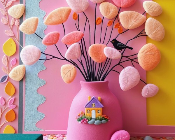 Vibrant Composition with Pink Vase and Oversized Leaves