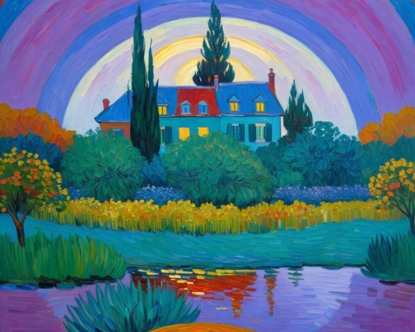 Vibrant landscape painting of a charming house and garden