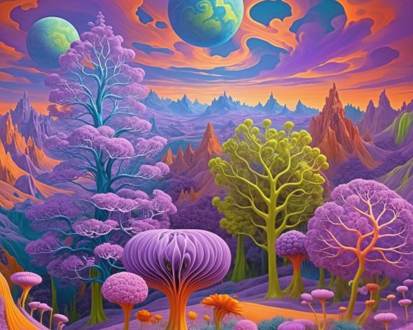 Surreal Landscape with Purple Mountains and Whimsical Flora
