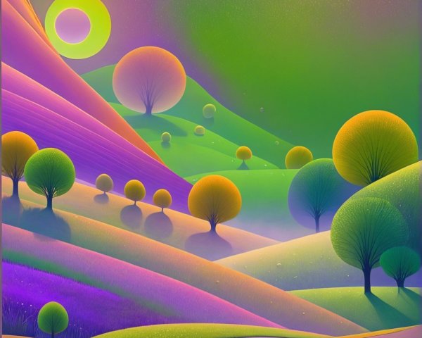 Vibrant Landscape with Rolling Hills and Whimsical Trees