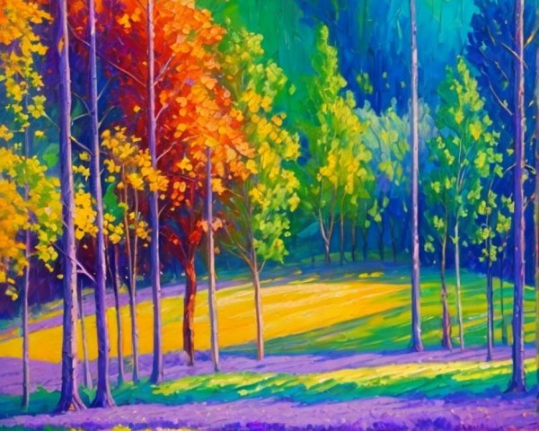 Vibrant Colorful Landscape with Trees and Lavender Blossoms