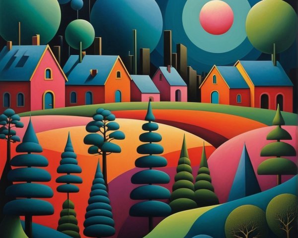 Vibrant Landscape with Colorful Houses and Abstract Elements