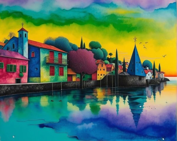 Vibrant landscape with whimsical village and sunset sky
