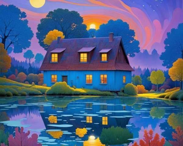 Cozy Blue House Surrounded by Vibrant Autumn Trees