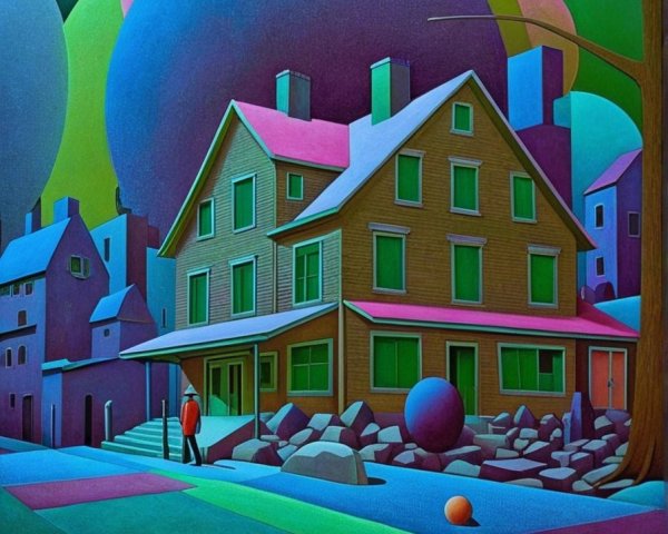 Surreal Landscape with Stylized House and Abstract Forms