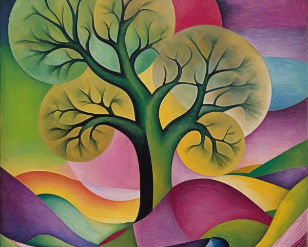 Vibrant Tree Against Abstract Colorful Landscape