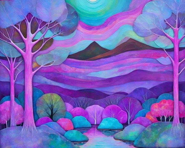 Surreal Landscape with Vibrant Colors and Moonlit Sky