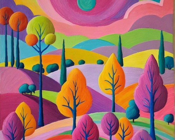 Vibrant Landscape with Whimsical Trees and Sun