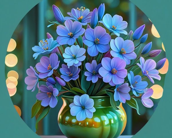Vibrant Blue Flowers in Glossy Green Vase Display