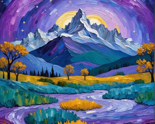 Vibrant Landscape with Purple Mountains and Starry Sky