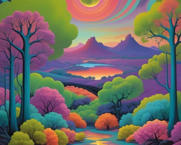 Surreal Landscape with Colorful Trees and Sunset Sky