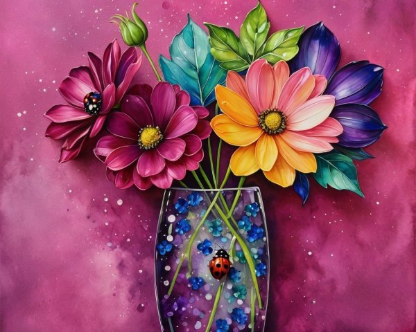 Vibrant Bouquet in Clear Glass Vase with Ladybugs