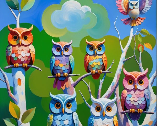 Colorful Owls on Branches in Dreamlike Landscape