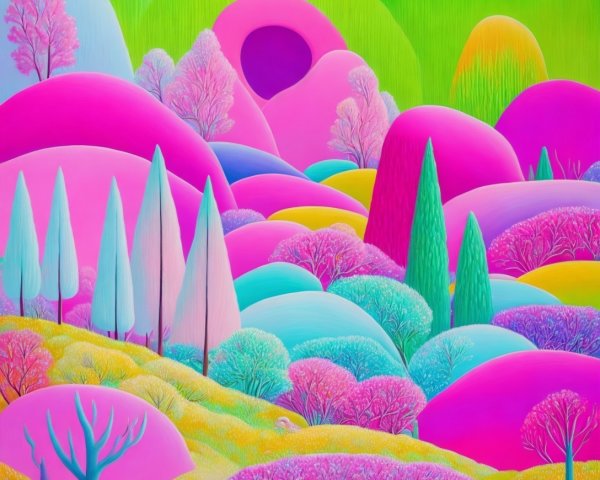 Vibrant Landscape with Abstract Trees and Rolling Hills