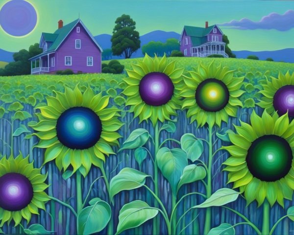 Vibrant Landscape with Sunflowers and Pastel Houses