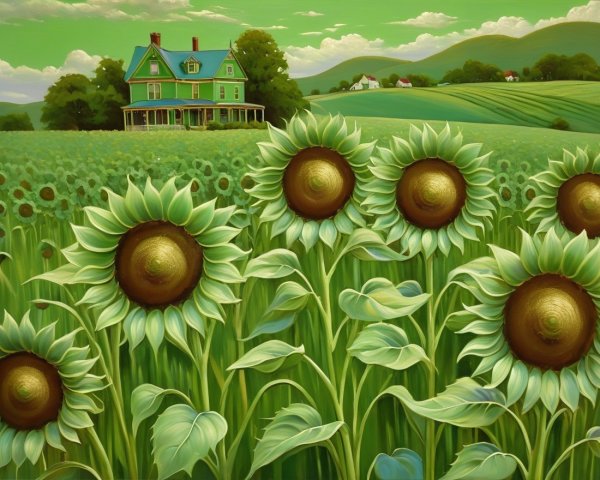 Vibrant Sunflowers and Serene Farmhouse Landscape