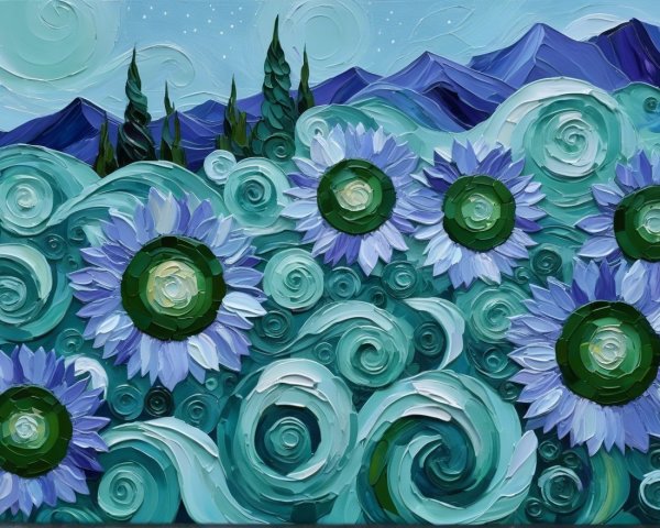 Vibrant Textured Landscape with Sunflowers and Hills