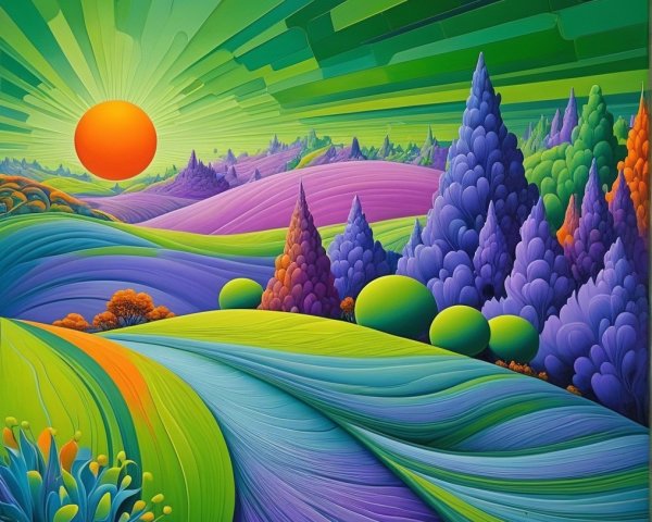 Vibrant Landscape with Colorful Hills and Surreal Sky