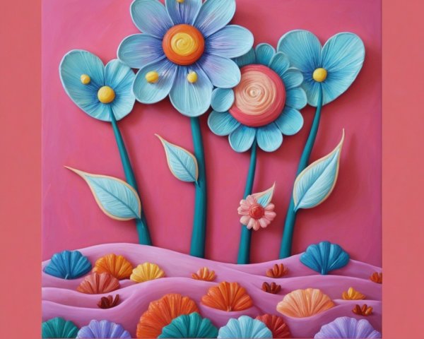 Vibrant 3D Artwork of Whimsical Flowers and Shapes