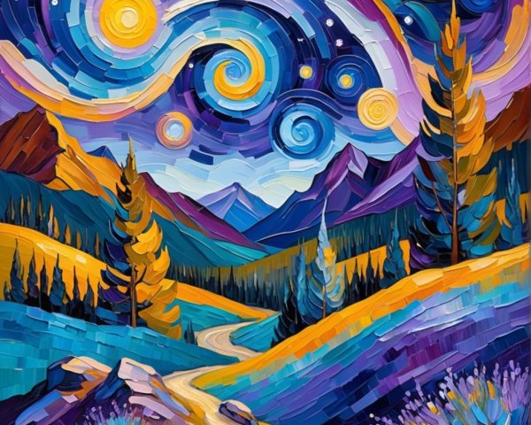 Vibrant Landscape with Stars and Moon in Night Sky