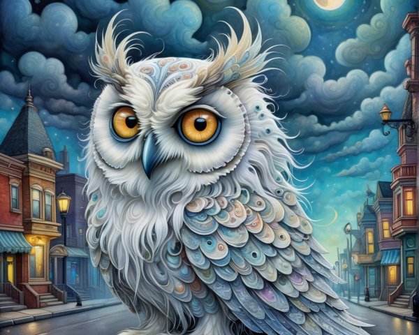 Oversized owl in a vibrant moonlit street scene