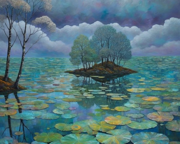 Serene landscape with tranquil water and lily pads