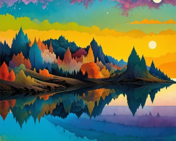 Vibrant Landscape with Serene Lake and Colorful Sky