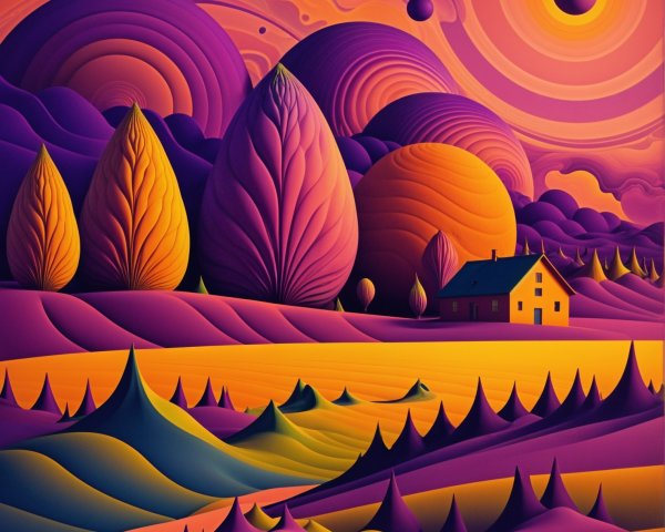 Surreal Landscape with Oversized Trees and Celestial Bodies
