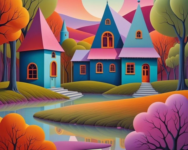 Whimsical Landscape with Colorful House and Pond