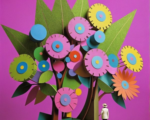 Whimsical Paper Art Scene with Colorful Tree and Figure