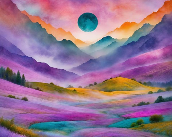 Psychedelic Landscape with Colorful Mountains and Hills
