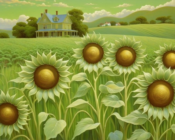 Serene landscape with sunflowers and a vintage house