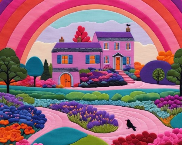 Vibrant Landscape with Colorful House and Rainbow