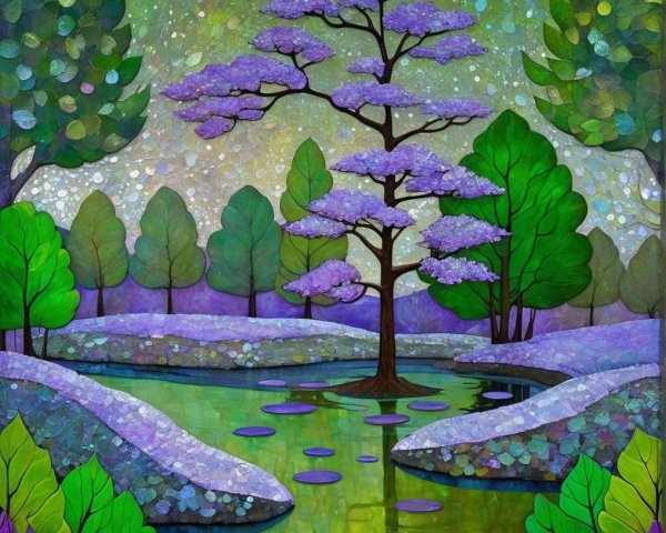 Vibrant Landscape with Purple Blossoms and Serene Pond