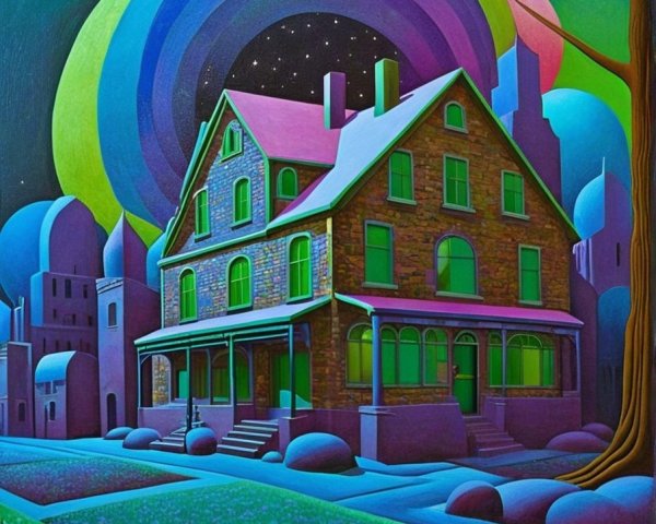 Surreal Landscape with Stone House and Colorful Spheres