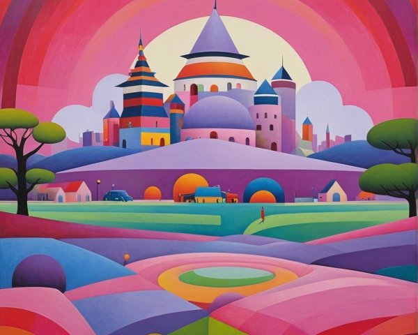 Whimsical Landscape with Colorful Castle and Rainbow