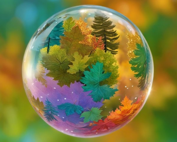 Translucent Bubble with Autumn Leaves and Pine Trees