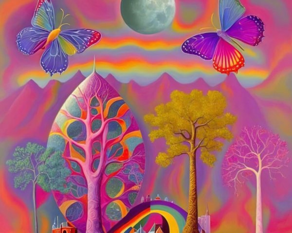 Surreal Landscape with Colorful Trees and Moonlight