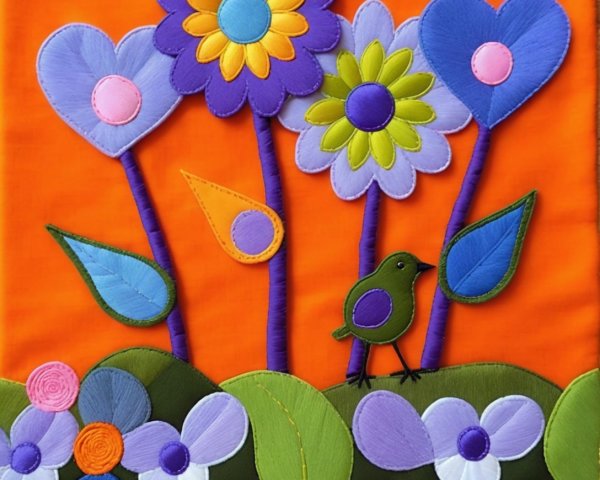 Colorful Flower Textile Artwork with Heart-Shaped Petals