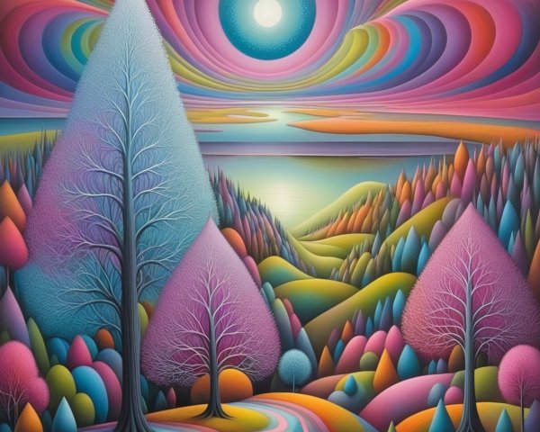 Vibrant Landscape with Stylized Trees and Surreal Sky