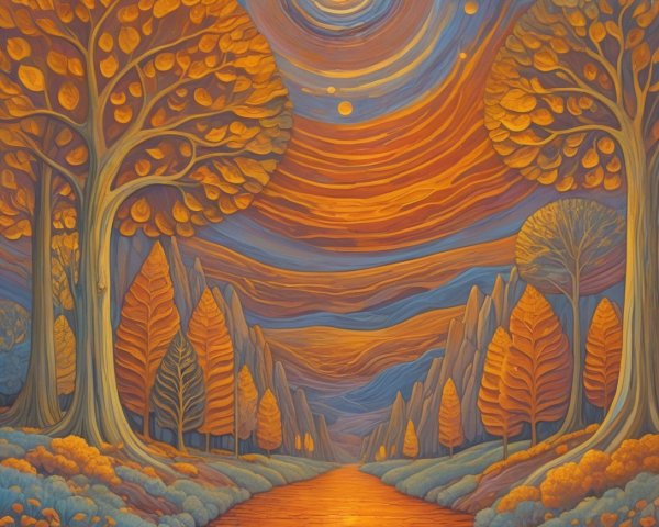 Surreal Landscape with Golden Trees and Celestial Sky